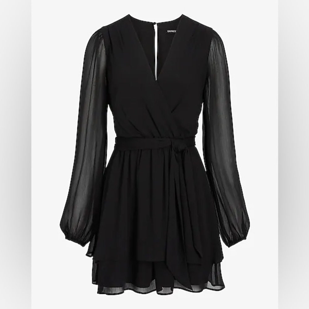 Express Black Ruffle Overlay Tie Waist Romper - L